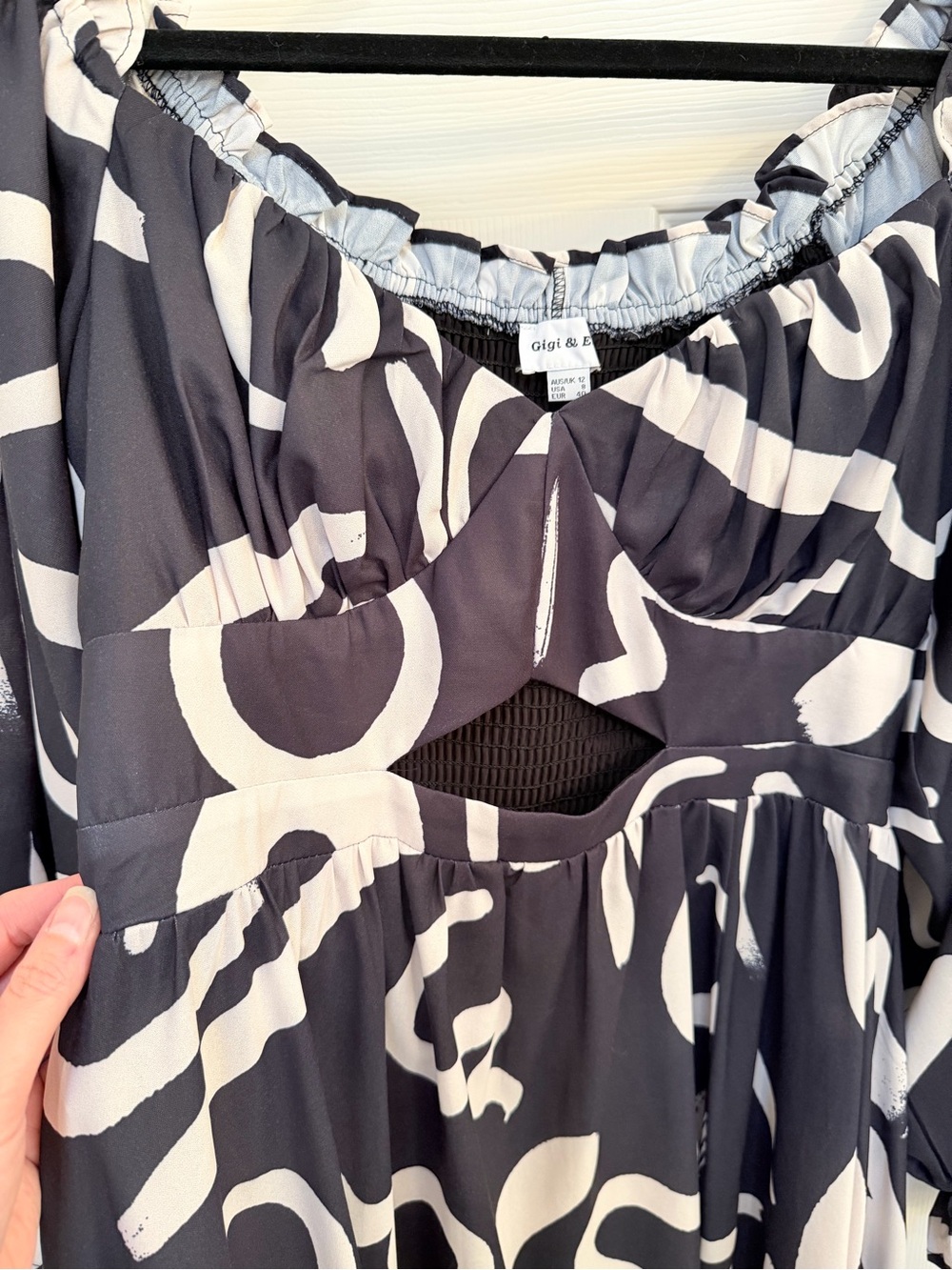 Off-Shoulder Black & White Patterned Maxi Dress with Side Slit - Picture 9 of 13